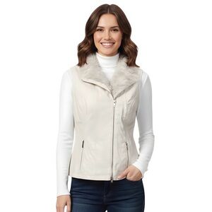 Dennis Basso NWOT Ivory Faux Leather and Fur Moto Vest Size Small